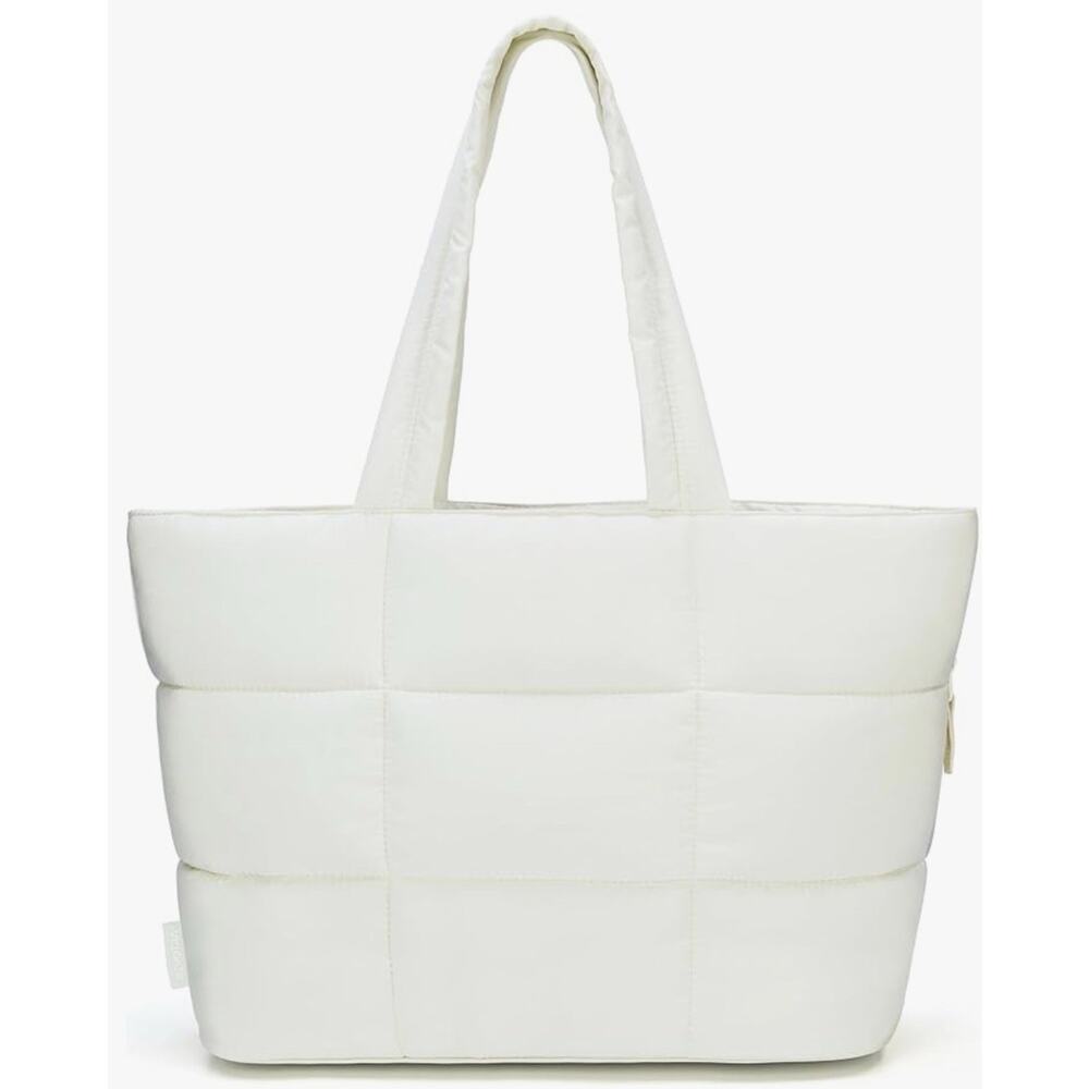 Quilted Puffer Tote Bag Ivory Cream Lightweight Shoulder Carryall